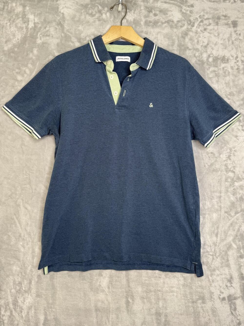 Jack & Jones Polo Shirt Mens XL Blue JJEPAULOS Organic Cotton Tipped Collar